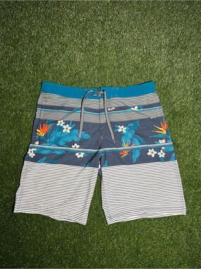 Mossimo Supply Co Men’s 36 Teal Floral Stripe Board Shorts Swim Trunks
